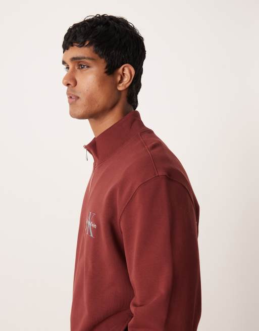 Calvin Klein Jeans Monologo quarter zip jumper in burgundy, 5 of 5