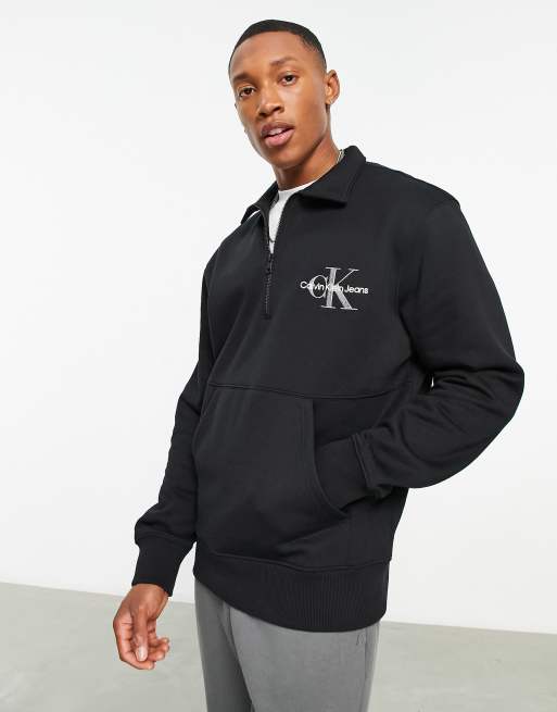 Calvin Klein Jeans monologo quarter zip rugby sweatshirt in black | ASOS