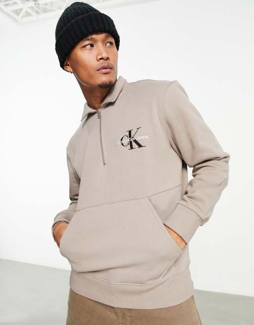 Calvin Klein Jeans monologo quarter zip rugby sweatshirt in taupe