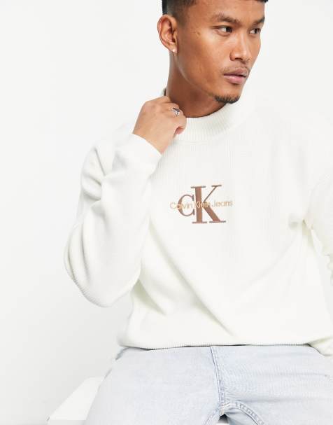 Calvin Klein Jeans monologo relaxed fit high neck knit jumper in ivory - view 1