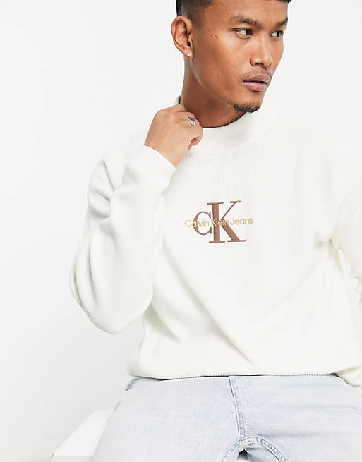Calvin Klein Jeans monologo relaxed fit high neck knit sweater in ivory |  ASOS