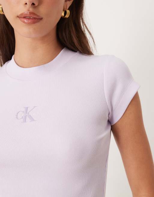 Calvin Klein Jeans Monologo rib baby tee in lilac, 3 of 4