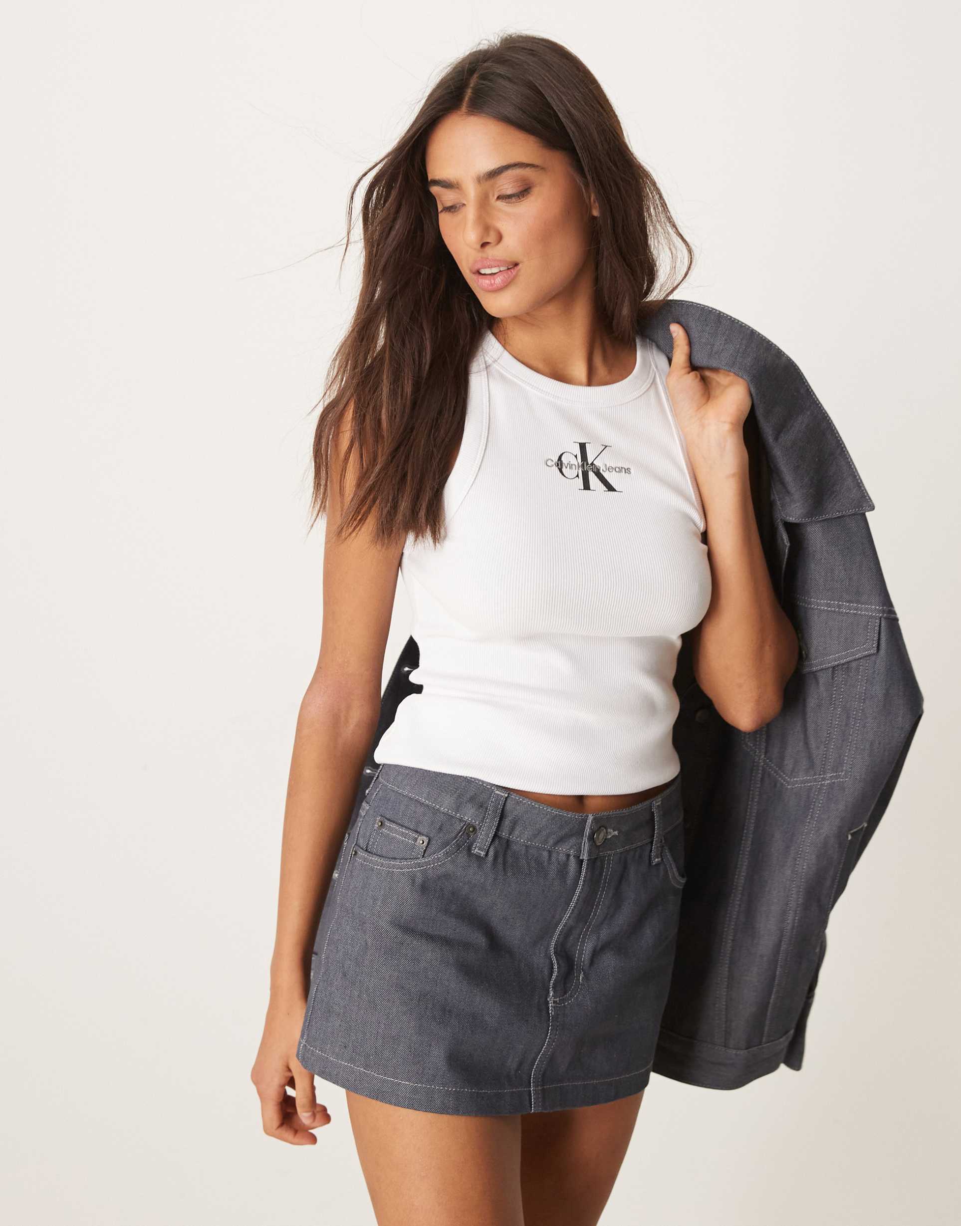 calvin klein jeans monologo ribbed tank top in white
