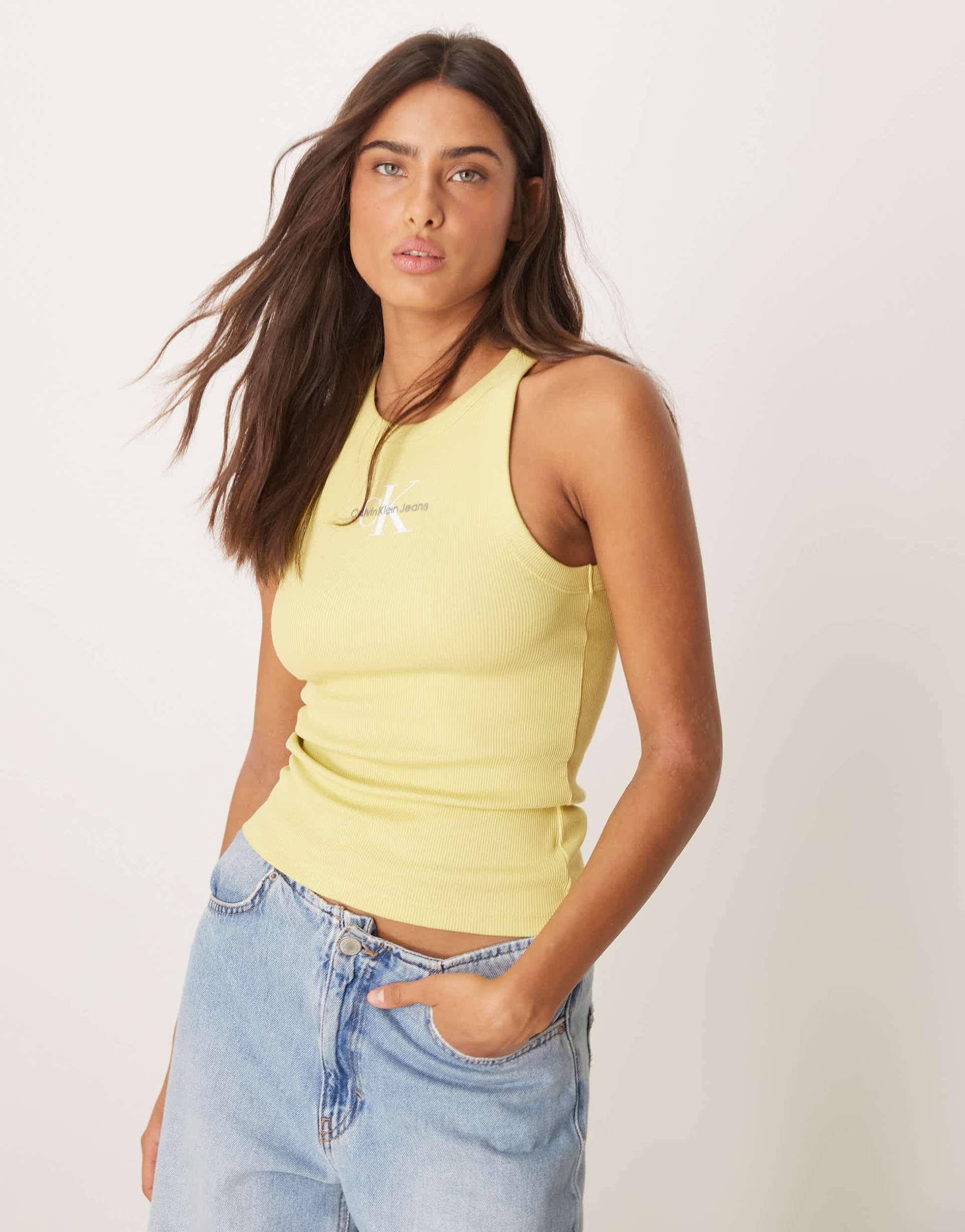 calvin klein jeans monologo ribbed tank top in yellow