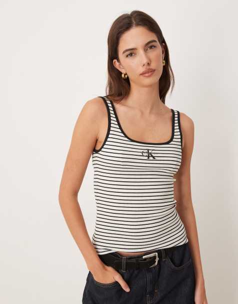 Calvin Klein Jeans monologo scoop neck rib tank top in black stripe - view 1