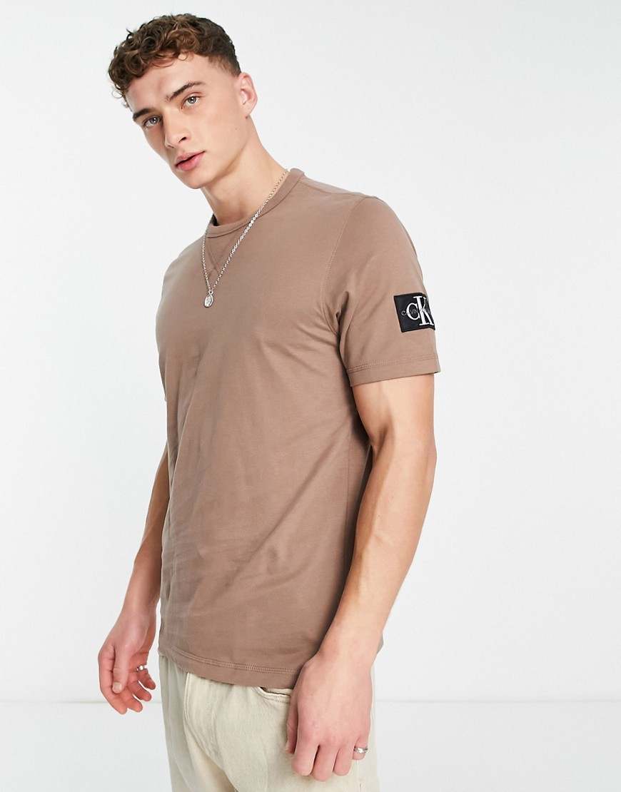 Calvin Klein Jeans Monologo Sleeve Badge T-Shirt In Tan-Brown