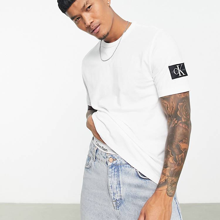 Calvin Klein Jeans monologo sleeve badge t-shirt in white heather | ASOS