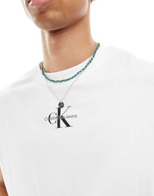 Calvin Klein Jeans monologo sleeveless t-shirt in white, 4 of 4