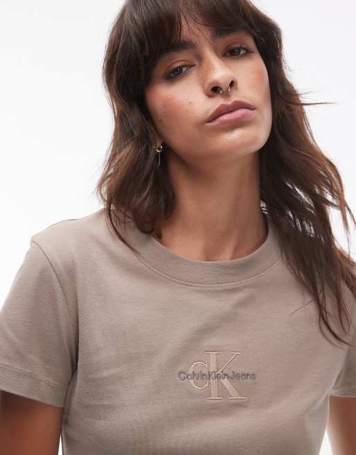 Calvin Klein Jeans monologo slim t-shirt in taupe, 2 of 4