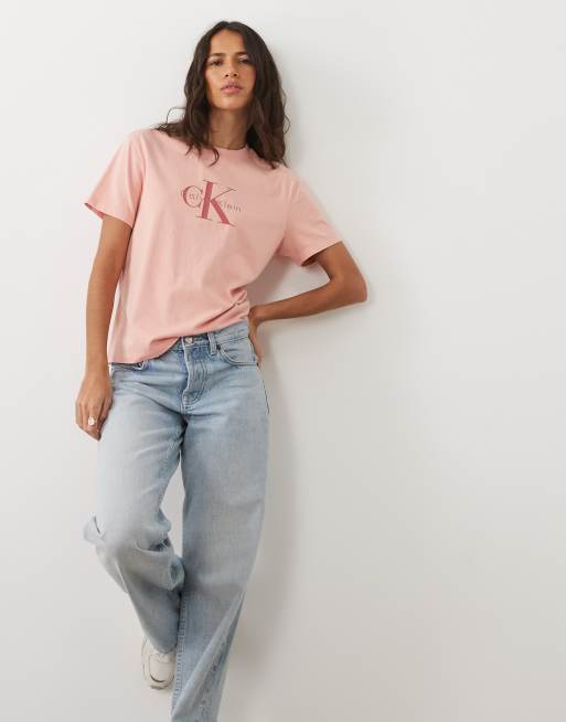 Calvin Klein Jeans Monologo T-Shirt in Boxy-Passform in Acid-Wash-Rosa, 3 von 4