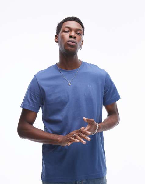Calvin Klein Jeans monologo textured back print t-shirt in mid blue - view 1