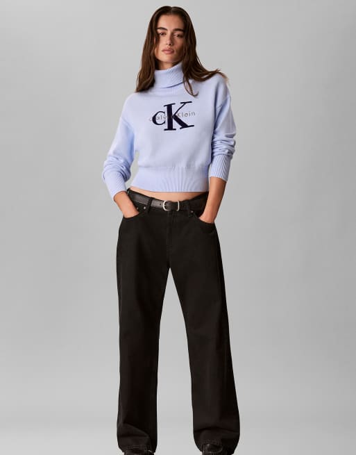 Calvin Klein Jeans Monologo turtleneck jumper in sweet blue, 2 of 7