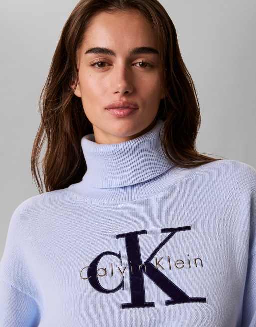 Calvin Klein Jeans Monologo turtleneck jumper in sweet blue, 5 of 7