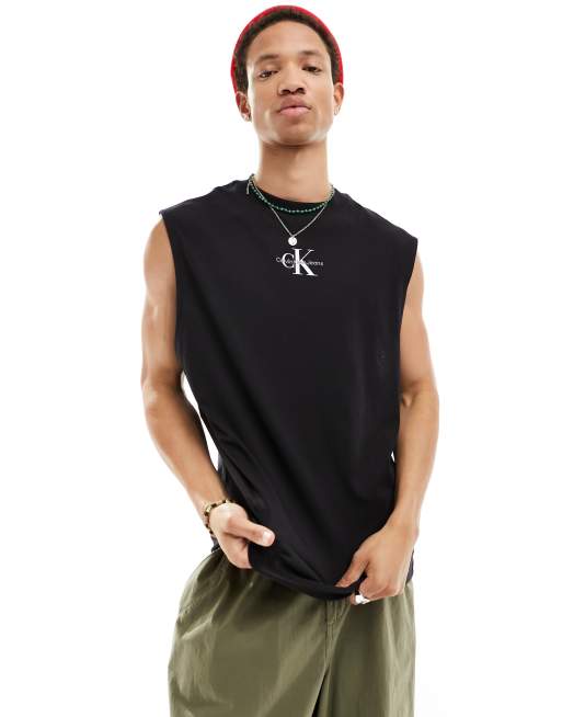 Calvin Klein Jeans - Mouwloos T-shirt met mono-logo in zwart