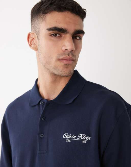 Calvin Klein Jeans - Mørkeblå polo-sweatshirt med kantdetaljer, 4 af 5
