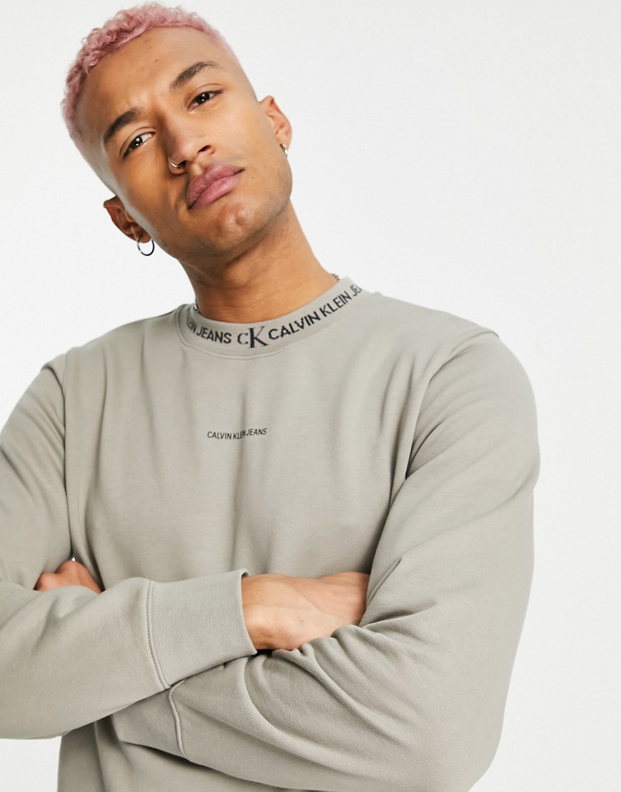 Calvin Klein Jeans neck taping logo sweatshirt in stone-Neutral