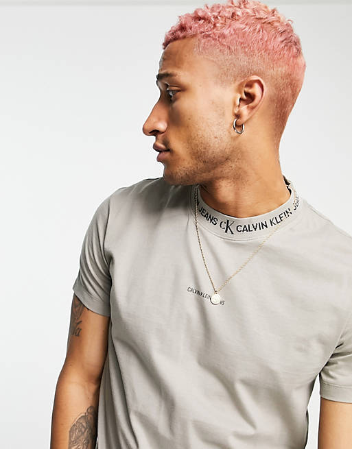 Calvin Klein Jeans neck taping logo t-shirt in stone