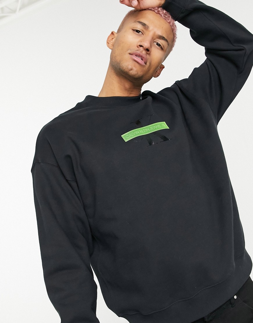 Calvin Klein Jeans neon bar monogram logo sweatshirt in black