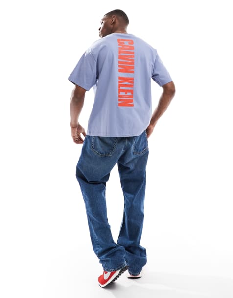 Calvin Klein Jeans vertical back print t-shirt in washed blue and red