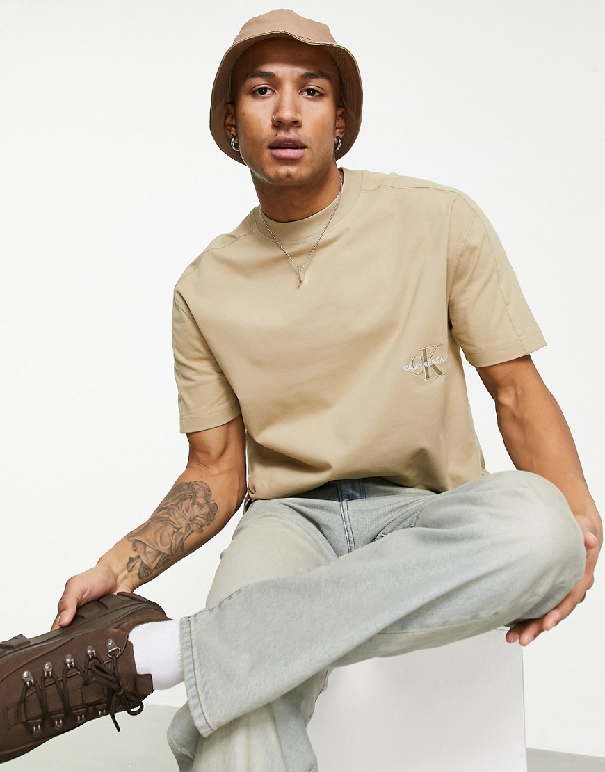 Calvin Klein Jeans off placed logo oversized fit t-shirt in stone-Neutral