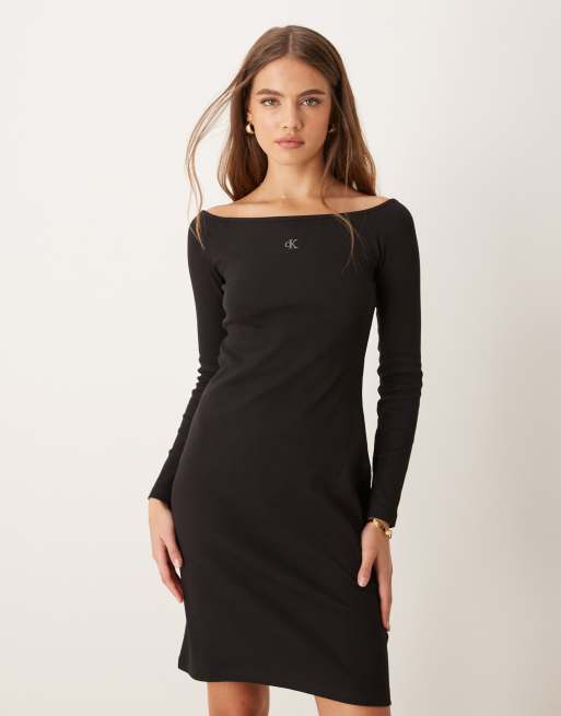 Calvin Klein Jeans off shoulder mini dress in black ASOS Exclusive