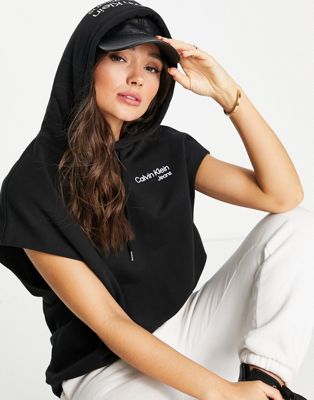 Calvin Klein Jeans cotton logo sleeveless hoodie in black  - BLACK