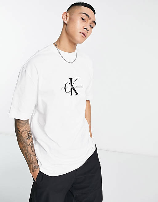 Calvin Klein Jeans – Oversize-T-Shirt in Weiß mit Monogramm-Logo auf der  Brust | ASOS