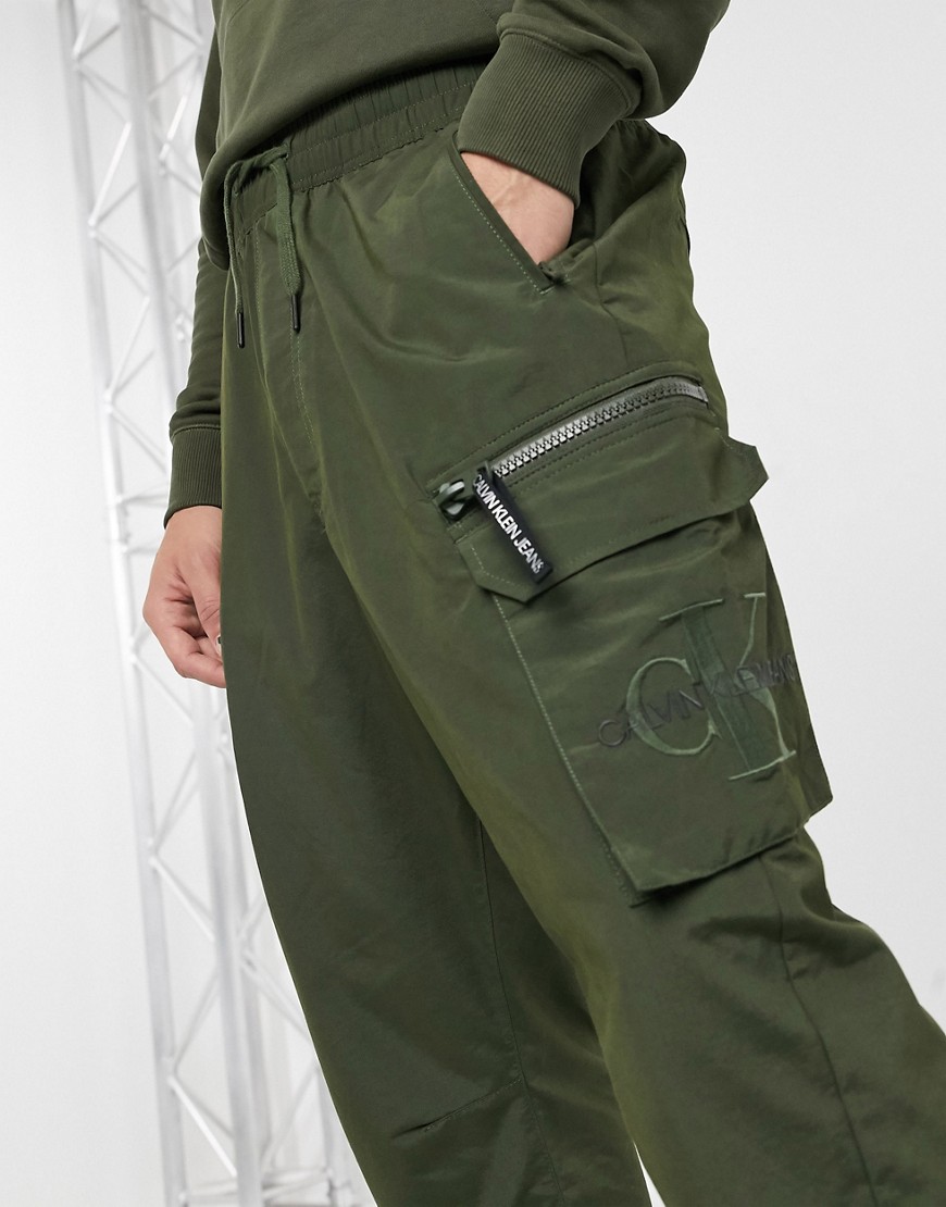 Calvin Klein Jeans oversized cargo zip pocket trousers in khaki-Green