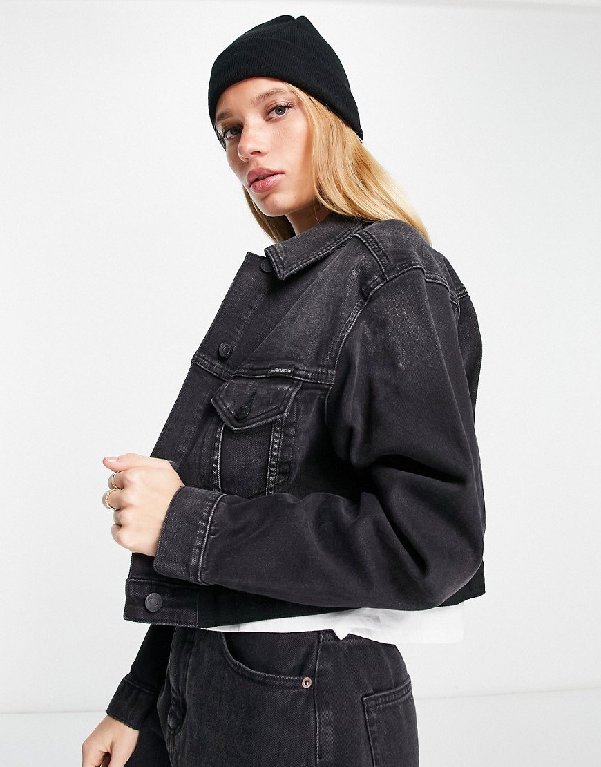 Calvin Klein Jeans oversized cropped jacket with logo waist in black