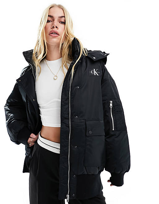 Calvin Klein Jeans oversized hooded bomber jacket in black | ASOS