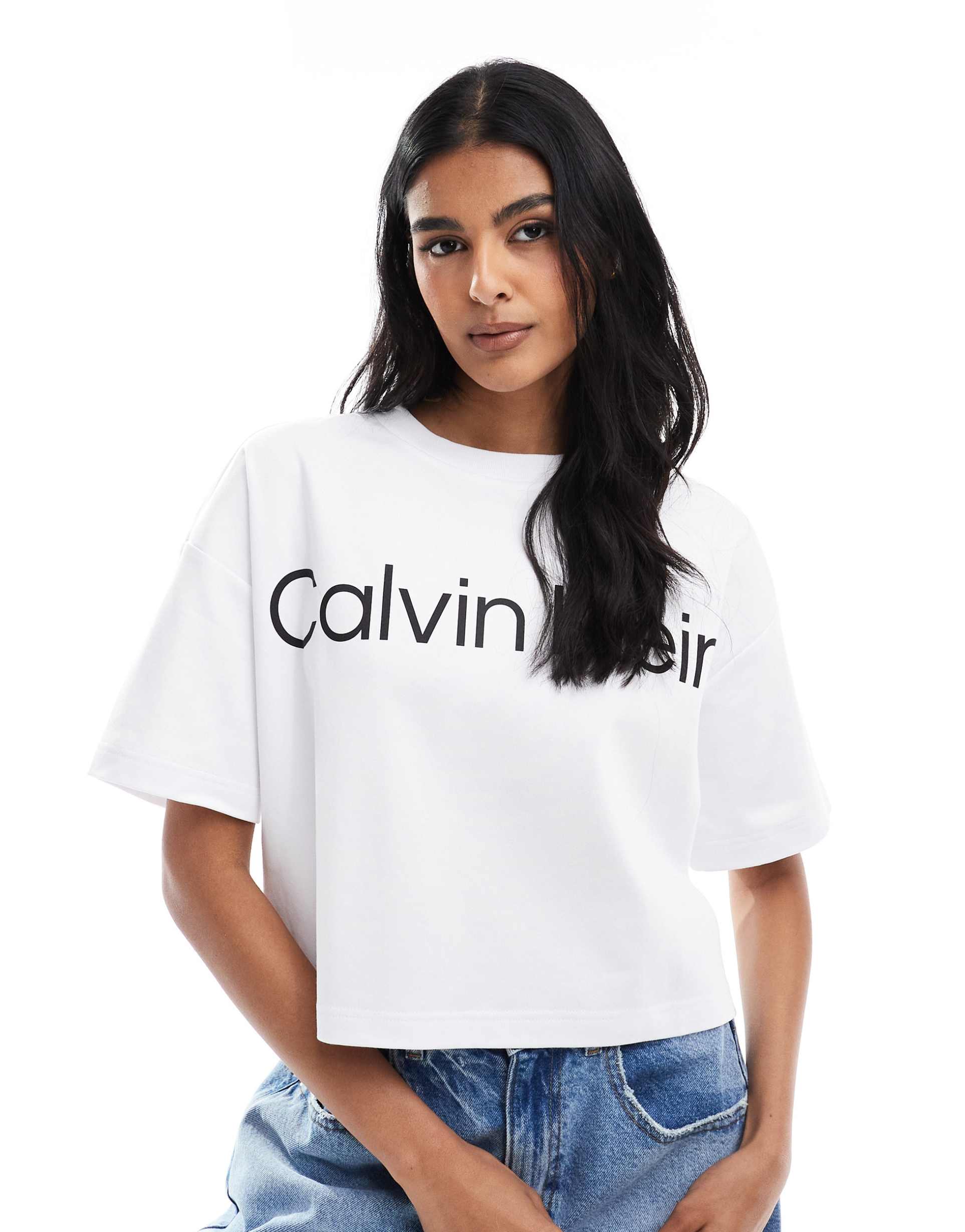 calvin klein jeans oversized large logo boxy t-shirt in white