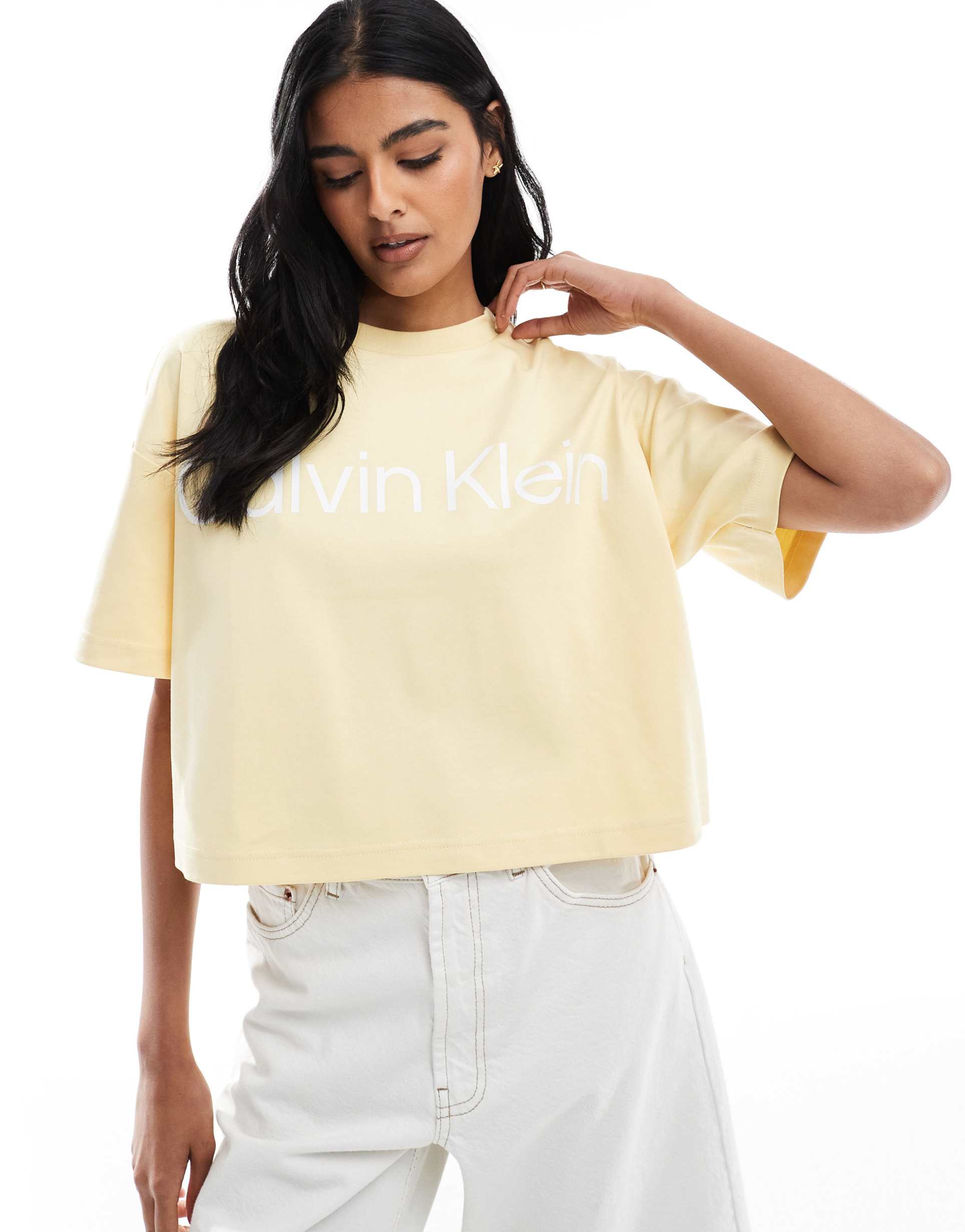 calvin klein jeans oversized large logo boxy t-shirt in yellow