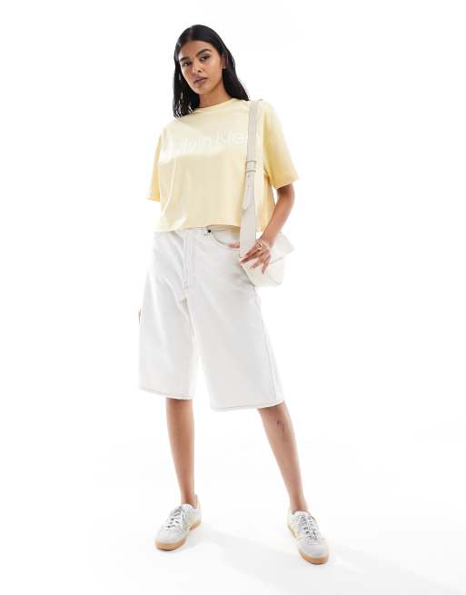 Calvin Klein Jeans oversized large logo boxy t-shirt in yellow, 3 of 4