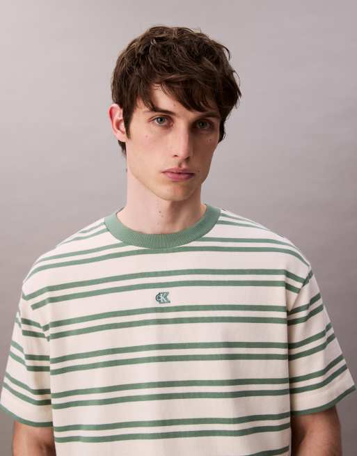 Calvin Klein Jeans oversized stripe t-shirt in off white and green, 3 of 5