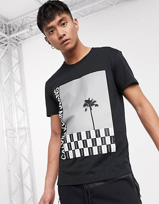 Calvin Klein Jeans palm photo print t-shirt in black | ASOS