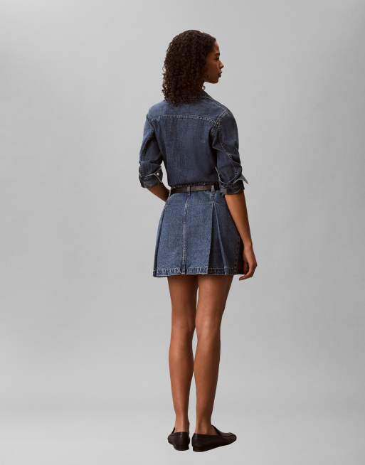 Calvin Klein Jeans pleated denim mini skirt in mid blue, 4 of 4