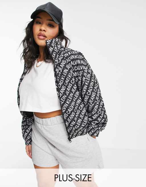 Calvin Klein Jeans Plus all over logo windbreaker in black ASOS