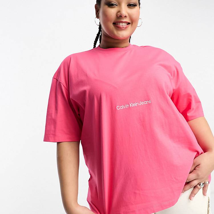 Calvin Klein Jeans Plus institutional logo boyfriend t-shirt in pink | ASOS