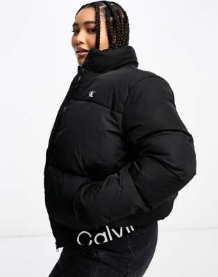 Calvin Klein Jeans Plus - Kurze Pufferjacke in Schwarz mit Logo-Saum-Black