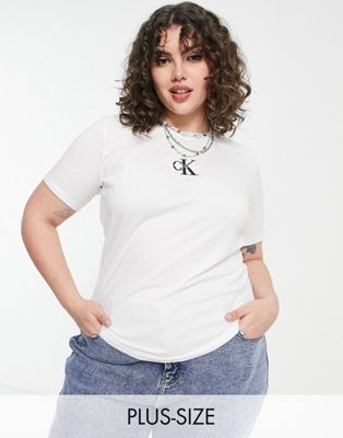 Calvin Klein Jeans Plus cotton monogram logo slim fit t-shirt in white - WHITE