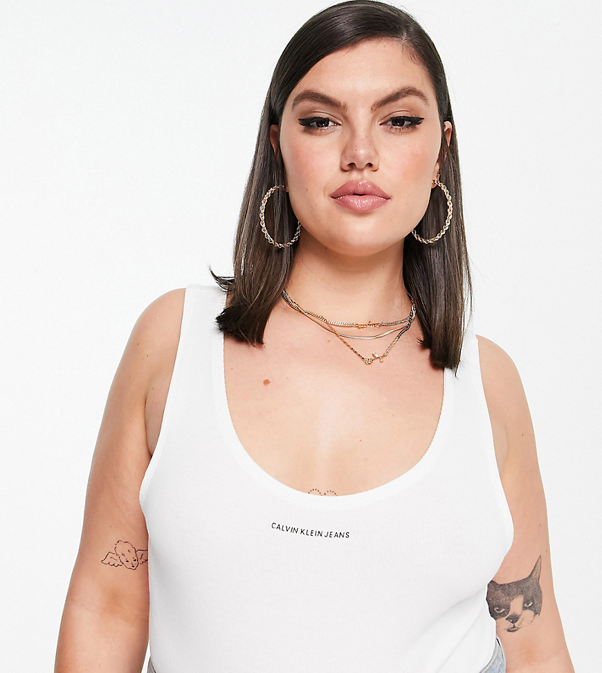 Calvin Klein Jeans Plus ribbed body suit with logo in white