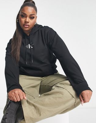 Calvin Klein Jeans Plus cropped monogram hoodie in black - ASOS Price Checker