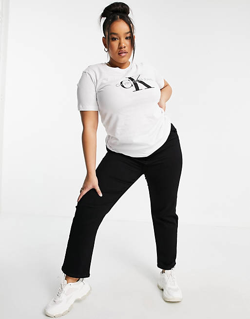 Calvin Klein Jeans Plus – T-Shirt in Weiß mit Monogramm-Logo | ASOS