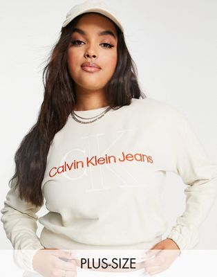 Calvin Klein Jeans Plus two tone monogram crew neck sweater in ecru