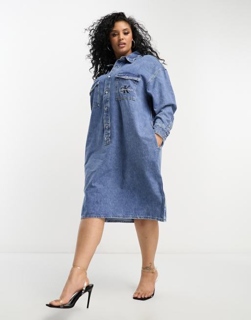 Calvin Klein Jeans Plus utility shirt dress in mid wash | ASOS