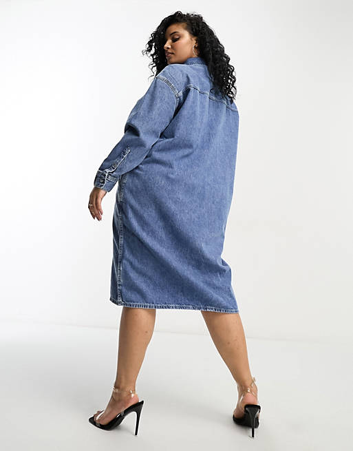 Calvin Klein Jeans Plus utility shirt dress in mid wash | ASOS
