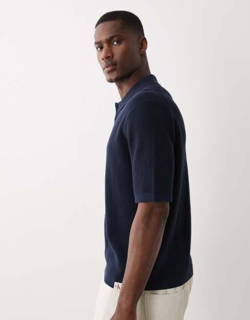 Calvin Klein Jeans – Polohemd in Dunkelblau mit Waffelstruktur, 4 von 5