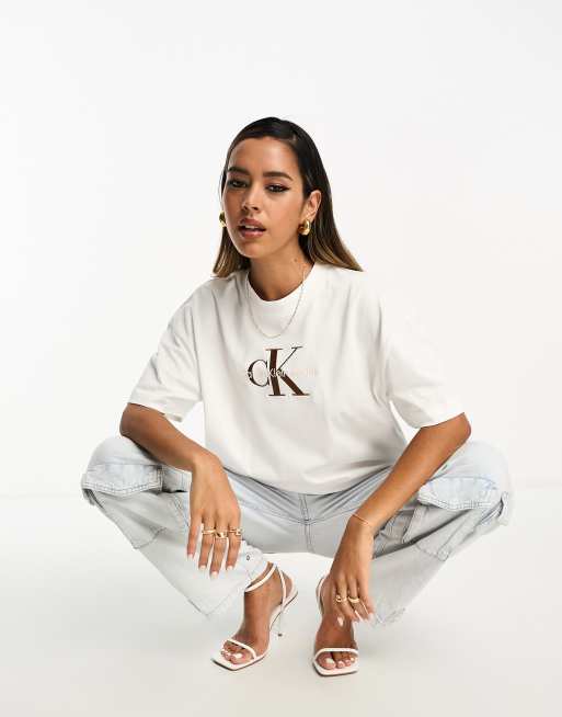 Calvin Klein Jeans premium monologo t-shirt in white | ASOS