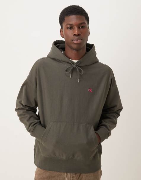 Calvin Klein Jeans – Premium – Mörkgrön huvtröja i frotté med liten logga - view 1