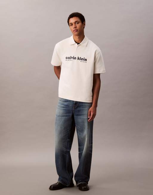 Calvin Klein Jeans premium relaxed polo shirt in off white, 2 of 5
